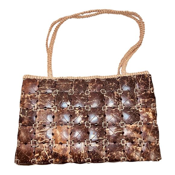 Vintage Handbags - Vintage Coconut Shell Purse 70s 1970s Macrame Shoulder Bag Island Chic